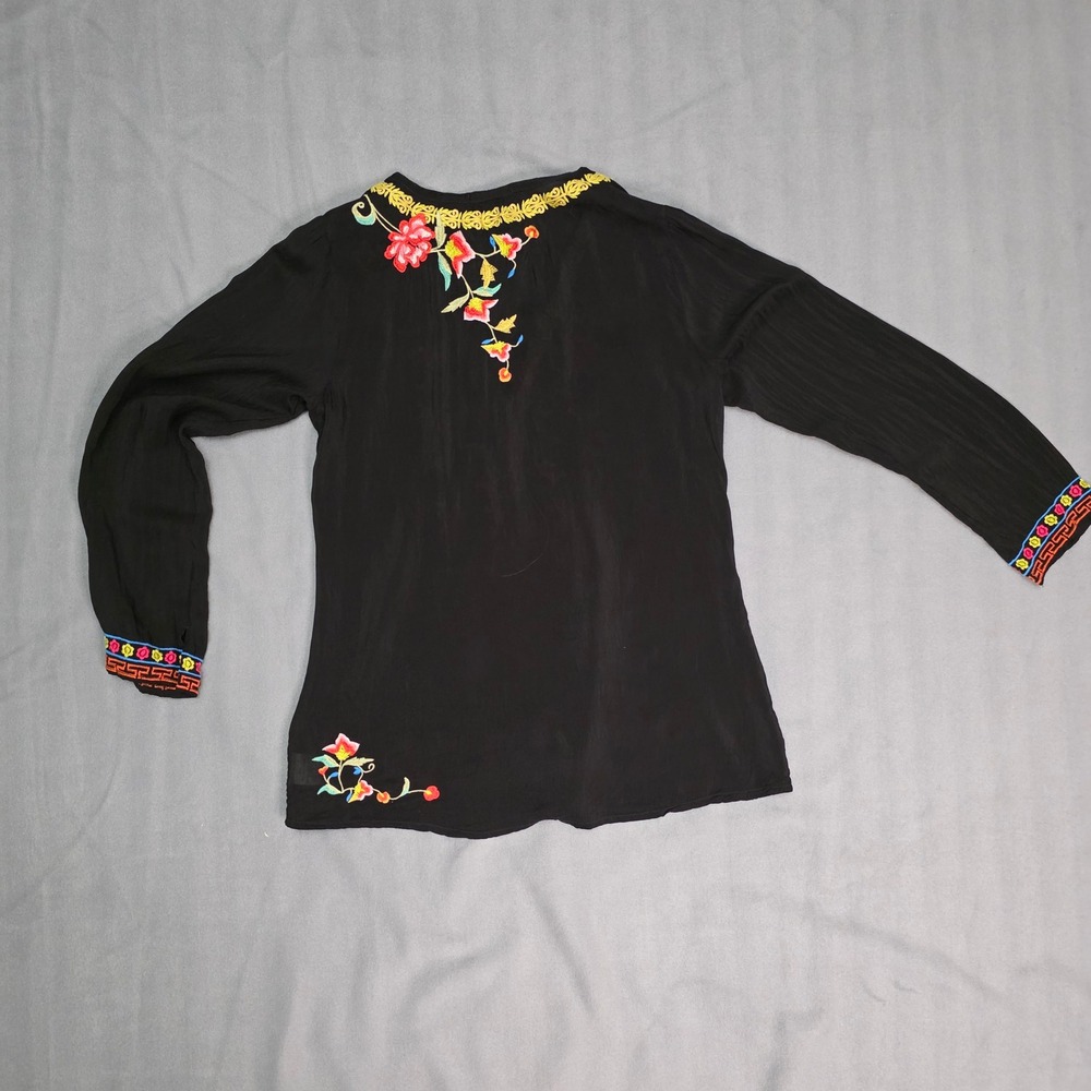 Johnny Was Blouse Women S Black Floral Embroidered Boho Rayon Peasant Top - Picture 2 of 13